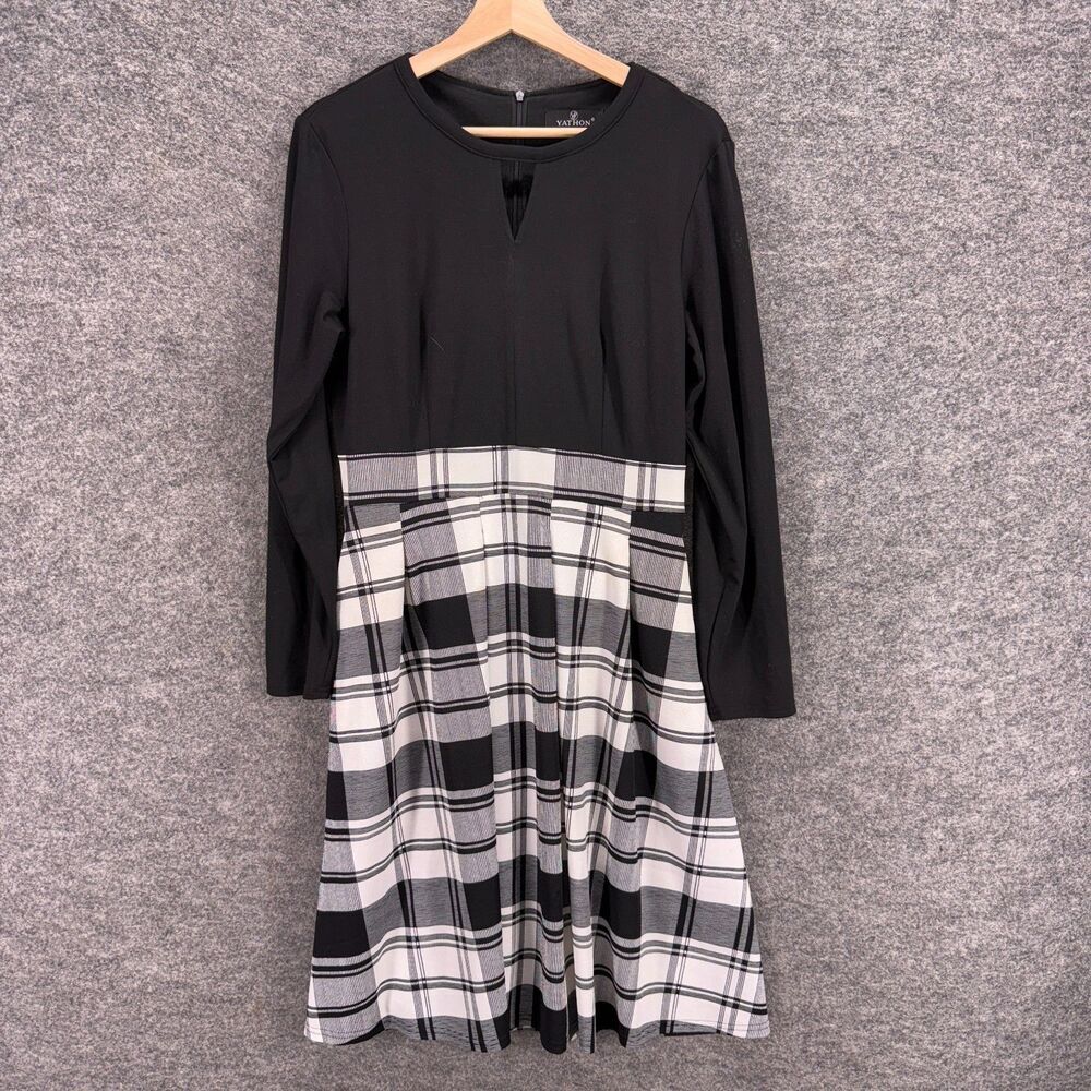 Yathon Dress Women L Large Black Plaid Sheath Midi Zipper Long Sleeve Cotton